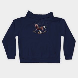 Christmas Rocking Horse illustration with cute bear, gifts and Christmas tree on a snow background. Kids Hoodie